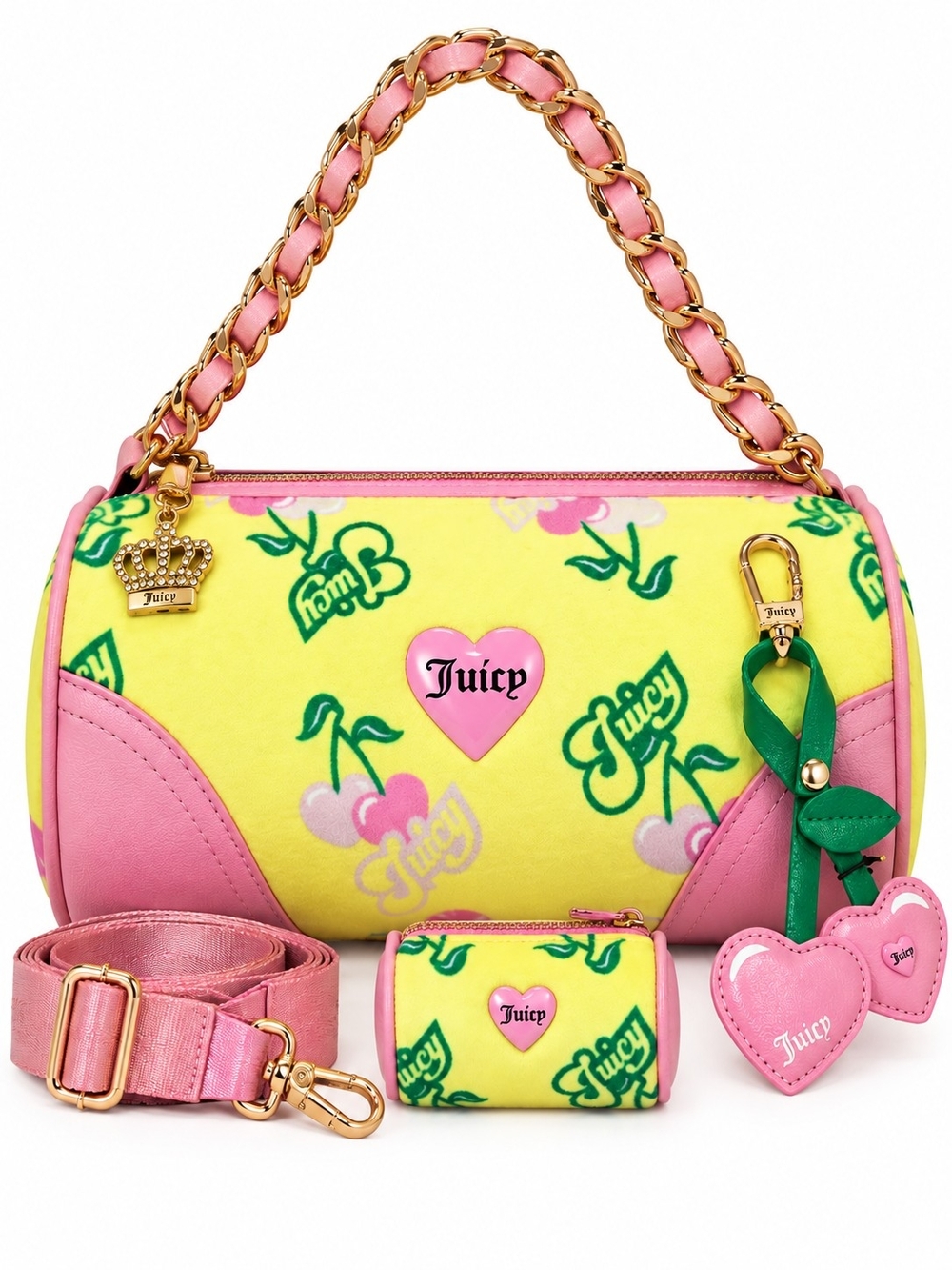 Juicy Couture Limited Edition 4PC Cherry Barrel Bag Set Pink Yellow